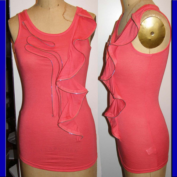 🌺 New Long Coral Tank top by YA with Zipper Ruffle M - Picture 1 of 6